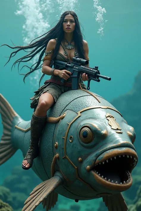 girl American native worrior, beautiful face and beautiful eye , riding on fully armoured big fish ,underwater scene [hold HK33 in right hand and left hand hold the fish  leash], full view 3D realistic image, high resolution, high definition