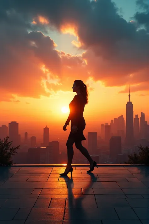 "Luxurious sunset background with a city skyline, featuring a silhouette of a businesswoman walking confidently. The sky showcases rich blue and gold tones. Ample copy space. --ar 18:7"