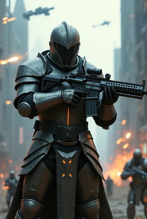 A knight in the future with a rifle at war 