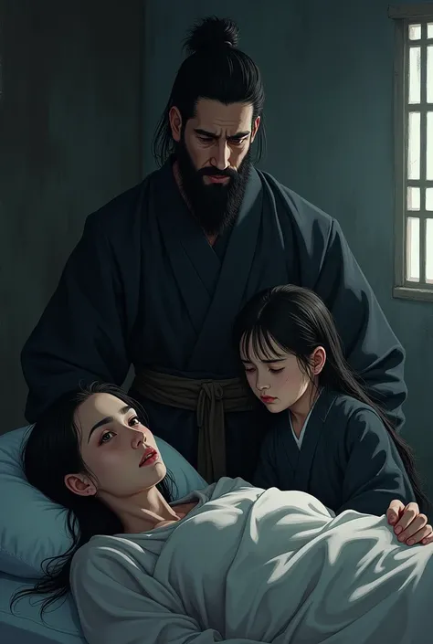  4 ninja husband narrow beard with daughter  next to mother who is dying of illness 