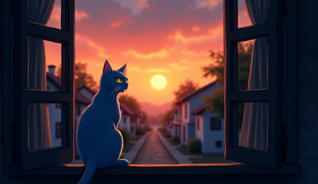 plano general: A sunset in an old neighborhood, with one-story colonial houses. Spotlight, A blue cat sits on the edge of an open window, melancholically watching the horizon.