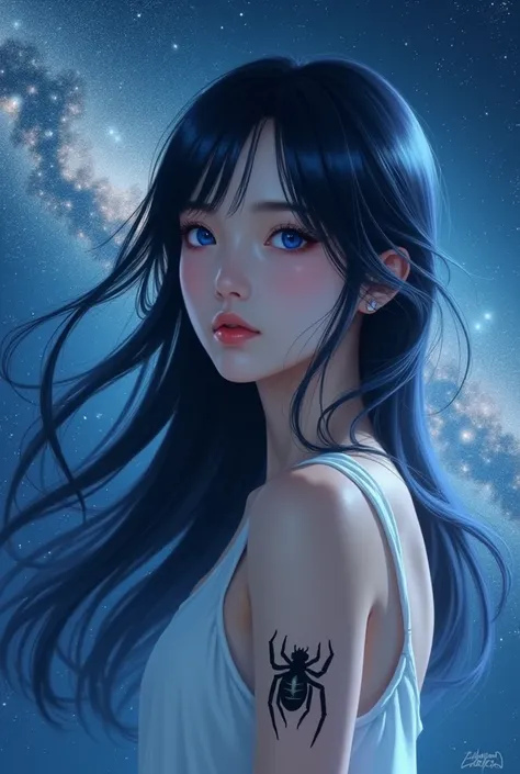 (photorealism:1.2), Japanese women blue eyes blue highlights milky way long hair wear tank top has spider tattoo on her shoulder 