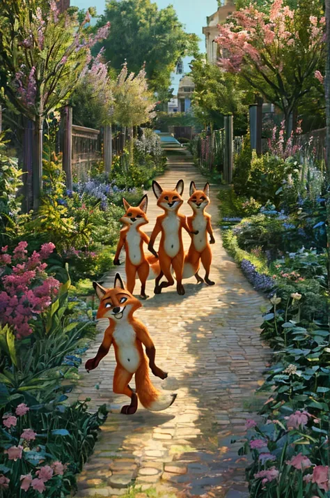 anthro,male,naked, penis,fox,zootopia,walking in a garden,group,