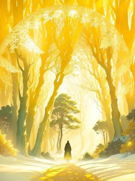 A lone figure in a coat stands in a surreal landscape, Gaze upon the intricate gold and green foliage around you. Bathed in warm, From the sunlight overhead radiates a golden glow, Create an extraordinary, Dreamy atmosphere. The fine patterns and softness ...