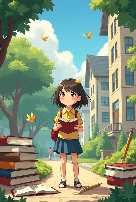 Make me an illustration using ghibli art style, designed for bookmarks, with the theme of learning and academics while on campus