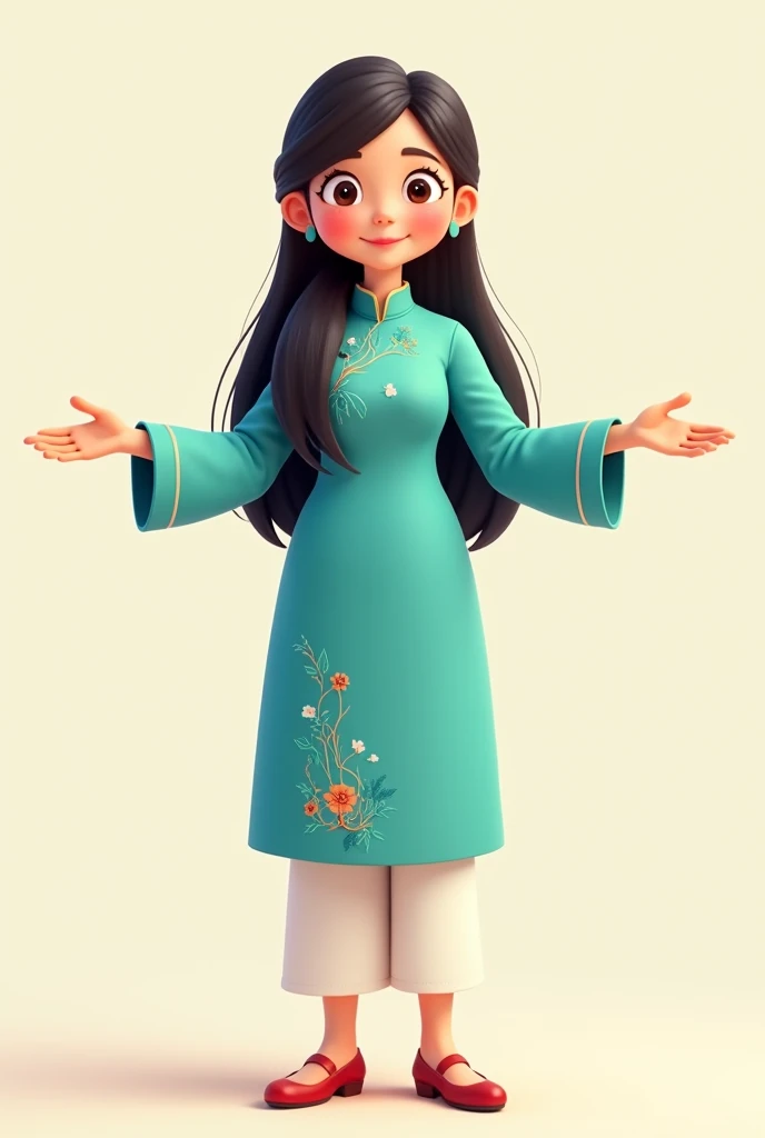 Please create for me the image of a Vietnamese cartoon teacher with long, neat hair, wearing a turquoise ao dai with a collar, long sleeves, white silk pants, a gentle and cheerful face with open arms to welcome. young, full body of teacher