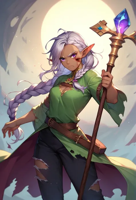 Anime dark skin elf female long silver hair pulled into a braided ponytail, purple eyes, bloody cuts all over her body, wearing a torn up tunic and torn up pants, barefooted, holding a wizard staff with an angry look on her face