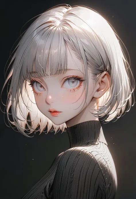 Highest quality, masterpiece, Ultra-high resolution, Realistic, Slim albino girl，Gray-haired berry shorthair,gray bangs, knit, Soft lighting, Detailed skin, Clear Eyes, Short Bob Hair, Transparency, Japan,  Beautiful woman, Upward glance, Lip gloss, Eye hi...