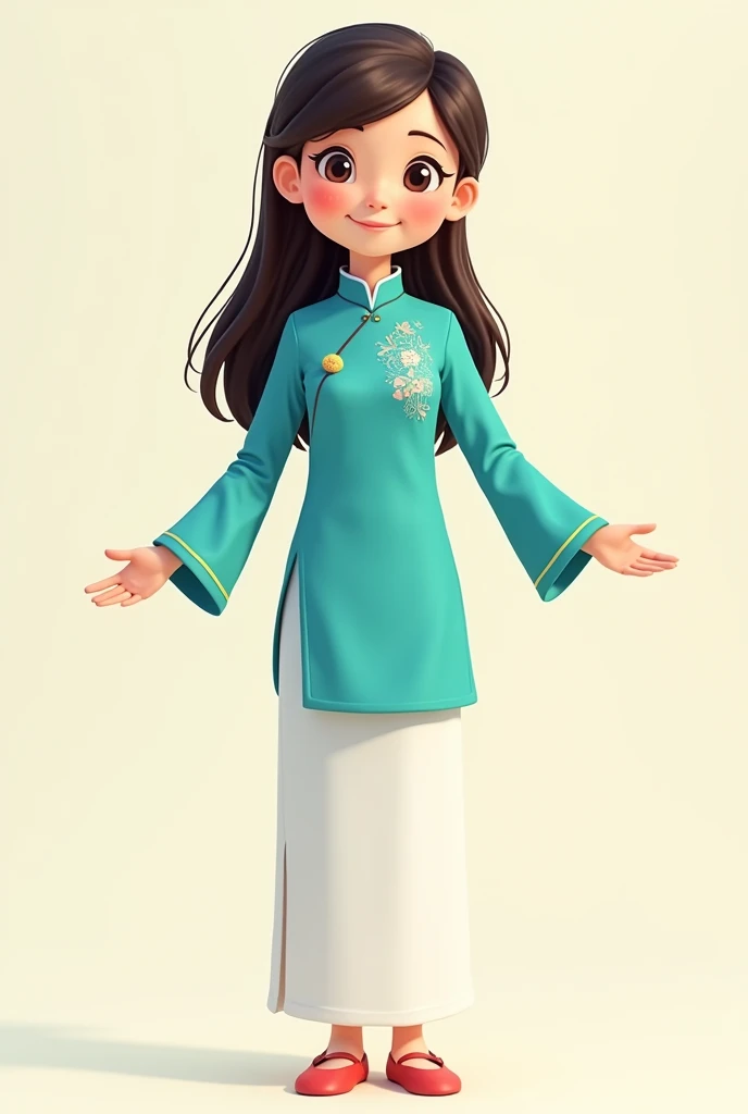 Please create for me the image of a Vietnamese cartoon teacher with long, neat hair, wearing a turquoise ao dai with a collar, long sleeves, white silk pants, a gentle and cheerful face with open arms to welcome. young, full body of teacher