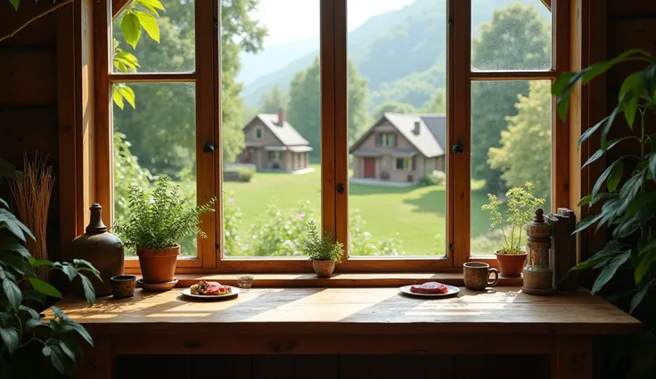 A viral social media image of a cozy home workspace in a village, zoomed out to reveal a rustic wooden desk by a window, overlooking lush greenery and cottages, evoking peace and simplicity.







