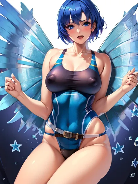  (White background, 1girl:1.4), BREAK,Blue short Hair, blue eyes,Narrow waist,voluptuous Breasts,(one-piece competitive swimwear,one-piece competition swimsuit:1.6), blush,Open your mouth,(covered nipples:1.2)