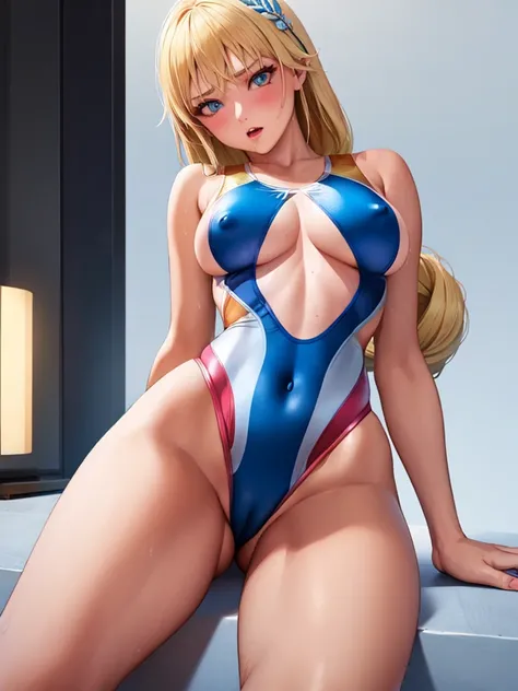  (White background, 1girl:1.4), BREAK,Long blonde hair, blue eyes,Narrow waist,voluptuous Breasts,(one-piece competitive swimwear,one-piece competition swimsuit:1.6), blush,Open your mouth,(covered nipples:1.2)