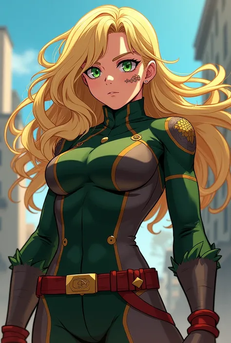 My hero academia anime art, gender woman, blond hair, big chest, green eyes, with a cut on his face, The clothes cover his entire chest
