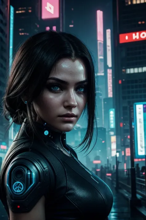 girl, perfect face, perfect body, eyes perfect, cyberpunk universe, city background