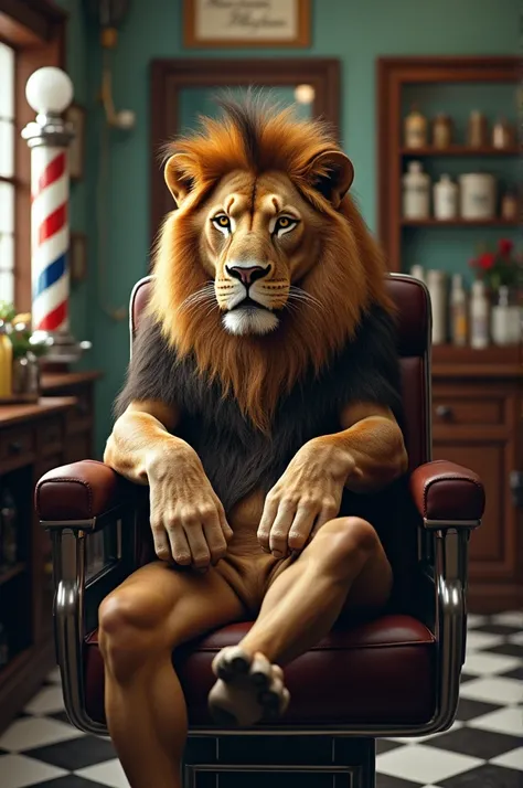 Lion sitting in barbershop