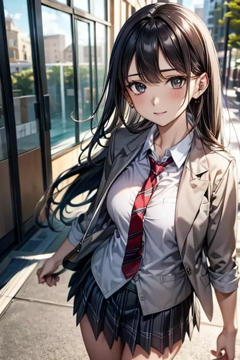 Straight hair, Navy blue blazer uniform, White shirt, red and grey striped tie, Grey plaid skirt, Black shoulder bag, Standing pose, Windy Day,Skirt flipped up, wood々Dense urban outdoor environments, Natural light, Sunlight from above, Casual atmosphere, F...