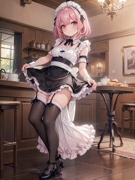 Young adult girl, medium bob cut hair, pink hair, pink eyes, maid dress, apron, frills, short skirt, standing in cafe, rim light, (black thighhighs:1.5), (frilled thigh bands:1.5), posing casually, perfect body, skirt lift, happy, knees together, high heel...