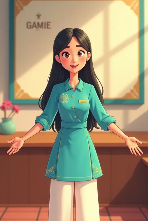 Please create for me the image of a Vietnamese cartoon teacher with long, neat hair, wearing a turquoise foot-length dress with a collar, long sleeves, white silk pants, a gentle and cheerful face, extending her arms to welcome children. , the teachers who...