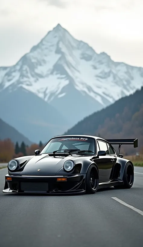 Porsche 911 rauh-welt begriff RWB on asphalt parking, against the backdrop of a mountain in the fogHigh resolution, accuracy, Realistic anatomy, Best quality, In detail, high detail, background blur, 