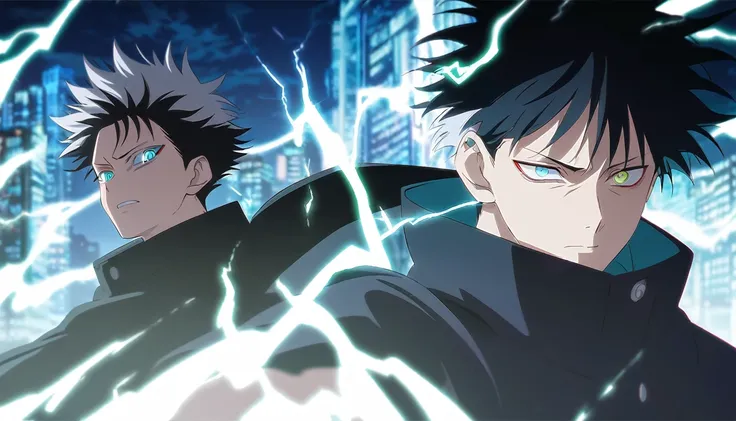 Male, boy, black hair, white multicolored hair, short hair, green left eye, cyan right eyes, jujutsu kaisen style, Black outfit, lightning effect, night city background, anime styles