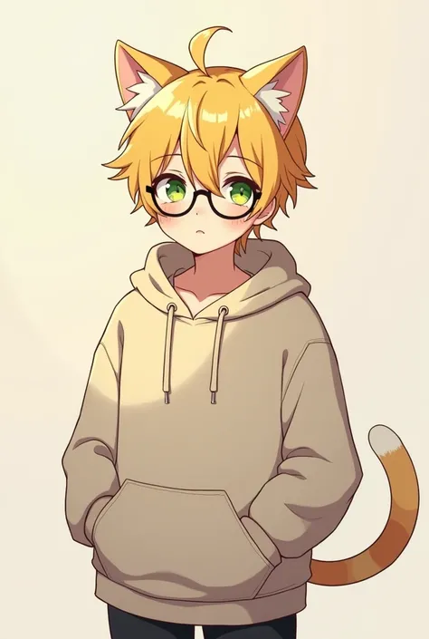 anime guy with green eyes, cat ears and tail, blond, in glasses and a hoodie, beta