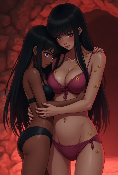 Anime style mother and daughter. The daughter has dark skin, long straight black hair, purples eyes, shorter, jovem e bonita. He has a confused and lost expression.. Wears a short black bra and panties. She is hugging her mother&#39;s big chest. The mother...