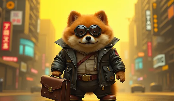 a cute fat dog, johnny silverhand, cyberpunk, yellow background, with a briefcase, in cyberpunk style clothes, one spitz, Pomeranian Spitz on hind legs, humanized. In cyberpunk, Realism