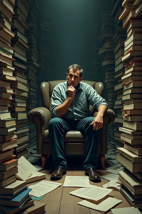 A man thinking inside the room.The room is full of paper and books 