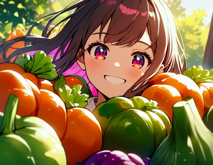 cute girl looking at a pile of vegetable, smiling, vibrant colors