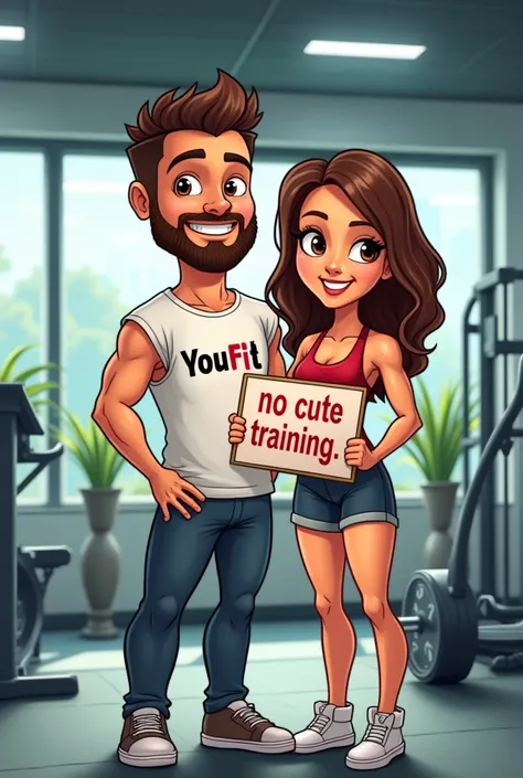 cartoon man and woman in a gym with a shirt saying youfit and a sign in hand saying "no cute training" in Portuguese