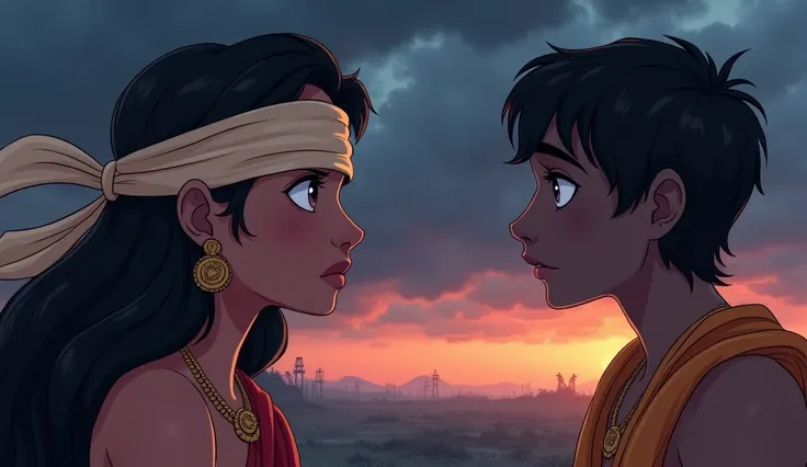 In cinematic 2d cartoon styls Gandhari’s tearful eyes behind the blindfold, Krishna’s serene face, a dark sky filled with clouds, and the remnants of the battlefield in the background.