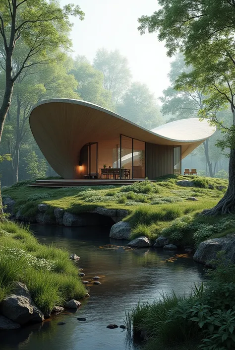 A small retreat that has roof design inspired by eagle wing