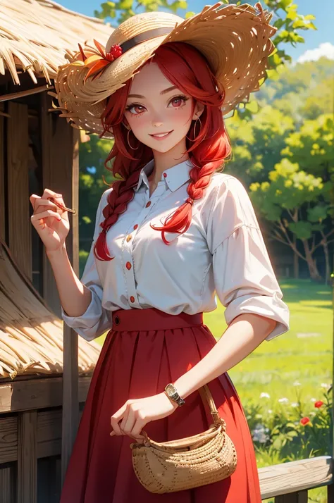 Red Hair　Braid　Red Eyes　beautiful girl　smile　Country clothes　straw hat