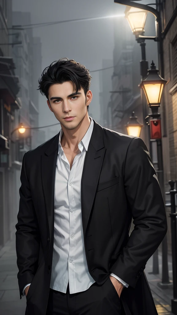 A handsome man with bright eyes,black flowy hair, natural beauty, handsome face,sharp jaw line, photogenic expression, wearing shirt and over coat, in a misty environment, evening time, near a street lamp, in a futuristic city, best quality photo, 16 k res...