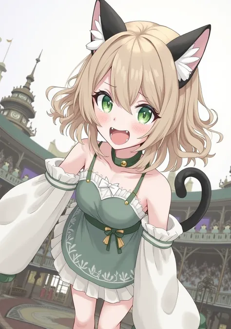 Anime arena with cat ears and tail, light brown hair, green eyes, and fangs