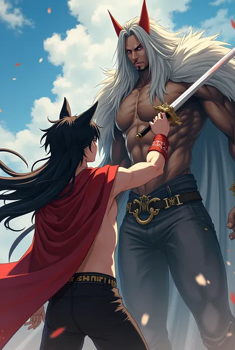 Very Long Hair, Cat Ears, Hair Ornament, Anime Style, Teen Anime Boy, Male, Young, Cute Face, Beautiful and Hot, Slim, Toned Body, Nice Abs, Big Biceps, Shirtless, Revealing Clothes, Crown Prince, Stabbing The Tyrannical King in the Chest with A Sword.