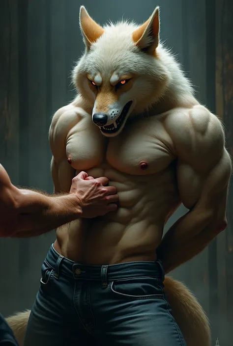 Realistic lightning, sharp, (best quality, masterpiece 1.4), anthro (wolf:1.4), anthro (wolf:1.3), (arms held by human:1.9), (arms behind back:1.9), (arms held by hands:1.9) (harnessed) ,muzzled, leaning forward, chest clutch stomach, body fist, ,5 punchin...