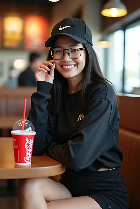 A woman weighing 60 kg has a beautiful body ,from 20 to 2 ,White skin ,black hair ,straight hair ,Brown eyes ,beautiful smile ,pretty face with anuel glasses ,Whole body,black nike cap sweater  ,black sticky shorts   ,white sports shoes brand jordan 1,In t...