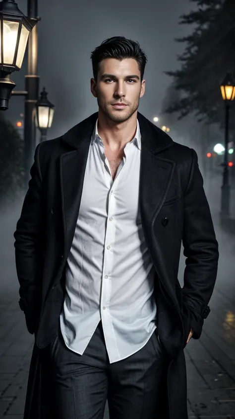 A handsome man with bright eyes,black flowy hair, natural beauty, handsome face,sharp jaw line, photogenic expression, wearing shirt and over coat, in a misty environment, evening time, near a street lamp, in a futuristic city, best quality photo, 16 k res...