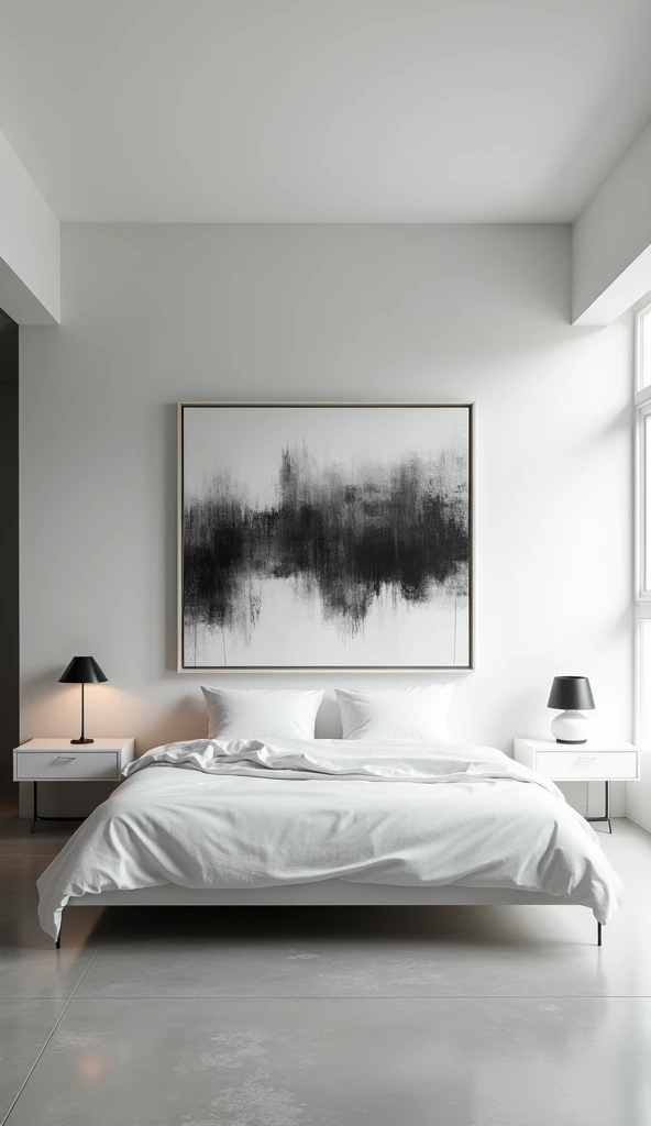 The bedroom continues the minimalist theme with light gray walls and white bedding on a low-profile platform bed. The room is decorated with a large abstract black-and-white painting above the bed, and the floor is a smooth, light gray concrete that matche...