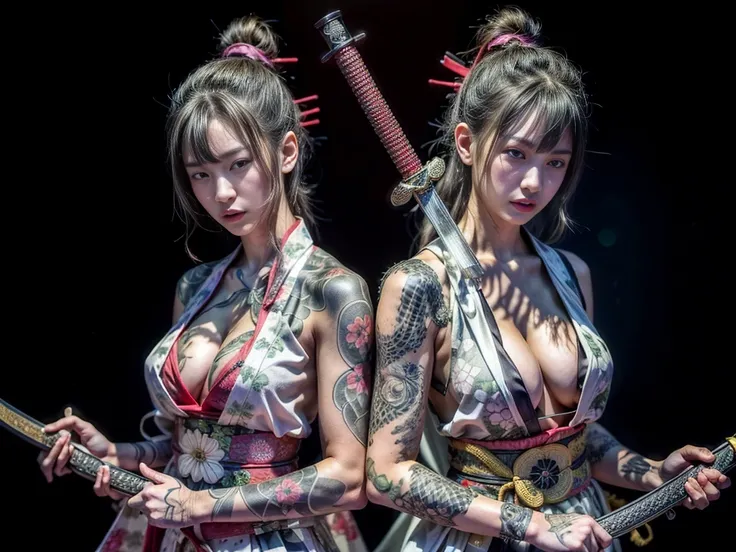 8k,Realistic Skin Texture、Superrealism、Realistic Photo、((2girls):1.5), Japanese girl、((Standing with holding up a japanese long sword on grip):1.3)、draw oneself up to ones full height.、The tip of the sword is pointed forwards、wearing ((sleeveless kimono, e...