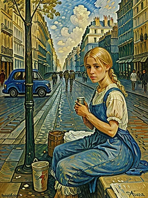  A painting in the style of the painter Pablo Picasso, Begging on the street、Wearing rags, The face is dirty, Poor girl, Beautiful young farm girl, Gold hair, Streets of Paris,  ((En plein air, impressionism, best quality, anatomically correct, masterpiece...