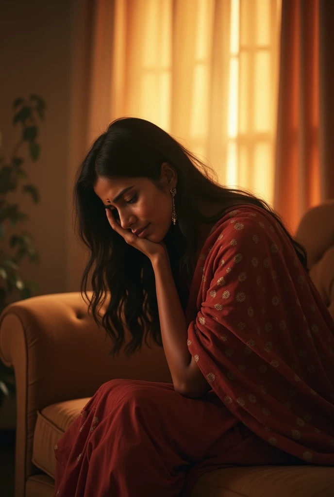 A brightly lit room features an Indian woman sitting on a plush sofa, tears glistening on her cheeks, her hand resting on her knee, ultra reliatic, highly detailed