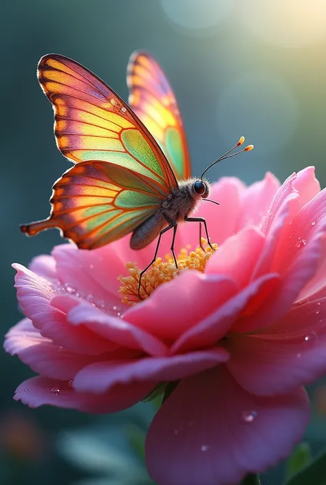 Butterfly on a Flower**  
   "A close-up view of the beautiful butterfly sitting on a bright pink flower. The butterflys wings are spread out, showing intricate patterns in multiple colors. The flower is large and vibrant, with dewdrops on its petals. In t...