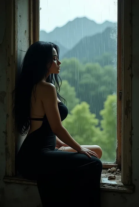 (photorealism:1.2), A photo of a curvy woman with black hair wearing a black dress, sitting by a window in a dilapidated house. The background is a rainy landscape with mountains and trees. The window has raindrops on it.