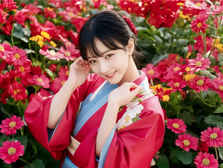 Colorful flower fields、smile、8K quality、Highest quality、Beautiful Eyes、Flowing black hair、Healthy body shape、Bright red kimono、Soft natural light、Calm and gentle look、Colorful flowers in the background々、Traditional Japanese Beauty、Sharp details、Quiet and p...