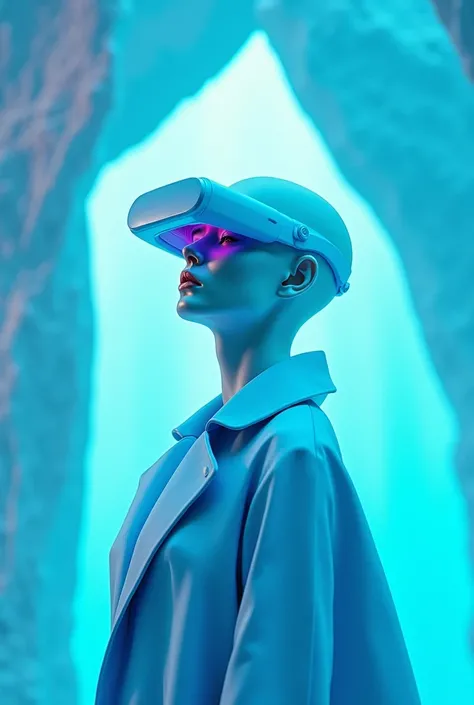 A white you with augmented reality glasses in a blue coat