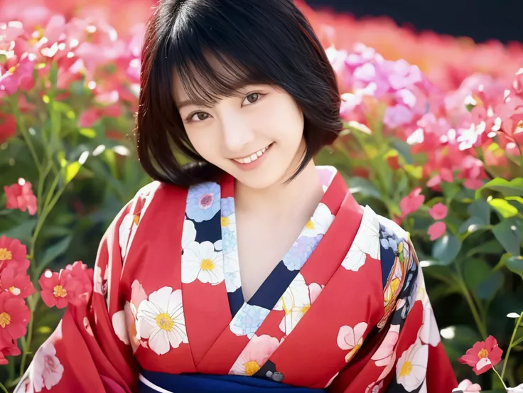 Colorful flower fields、smile、8K quality、Highest quality、Beautiful Eyes、Flowing black hair、Healthy body shape、Bright red kimono、Soft natural light、Calm and gentle look、Colorful flowers in the background々、Traditional Japanese Beauty、Sharp details、Quiet and p...