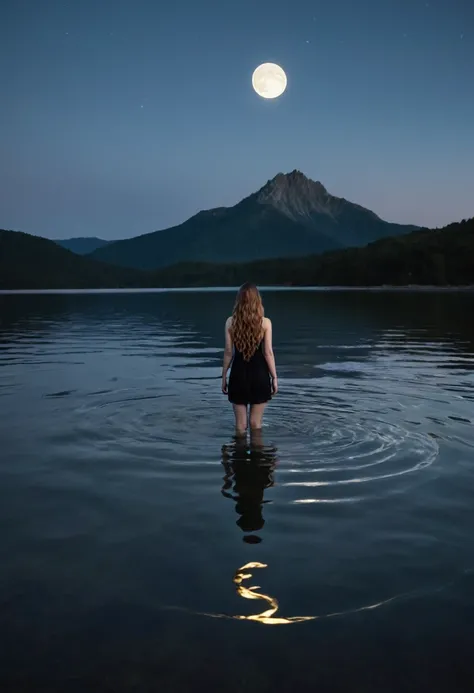 A mysterious scene at twilight depicting a serene lake surrounded by mountains. A figure with long, wavy hair, wearing a black underwares, stands in the shallow water, facing away from the viewer. The pale moon casts a haunting glow over the landscape, ref...