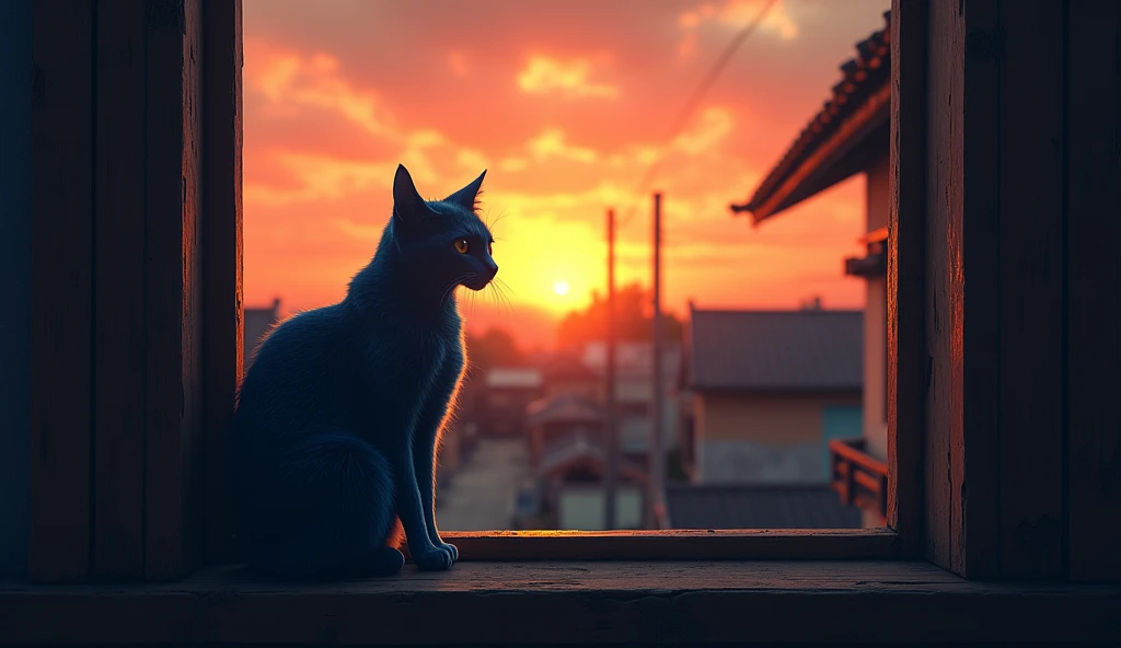 plano general (realistic cinema style): A sunset in an old neighborhood, with one-story colonial houses. Spotlight, A blue cat sits on the edge of an open window, melancholically watching the horizon.


